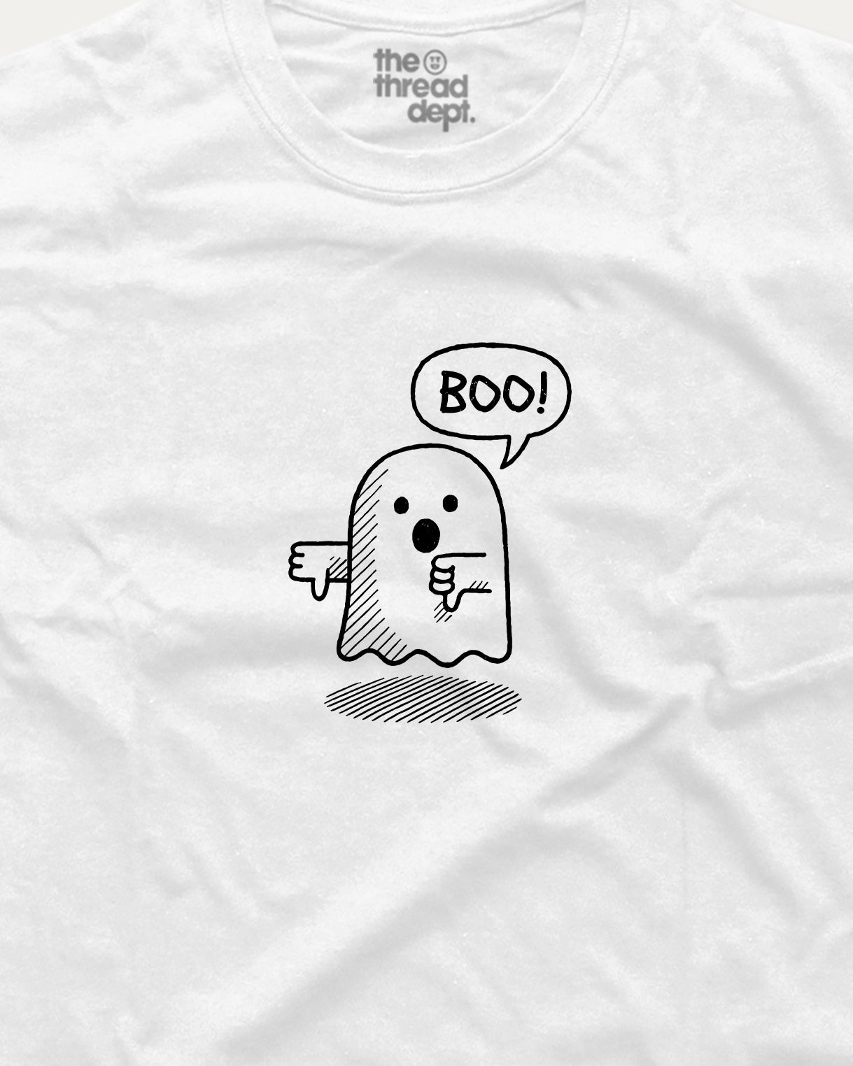 White t-shirt with a black ghost illustration and 'BOO!' text on a white background