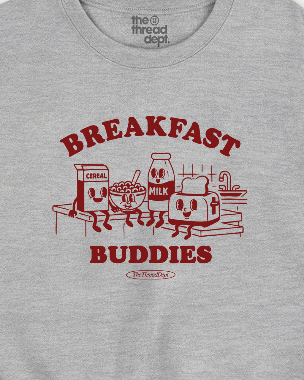 Gray t-shirt with red 'Breakfast Buddies' graphic design featuring cartoon food items.