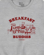 Gray t-shirt with red 'Breakfast Buddies' graphic design featuring cartoon food items.
