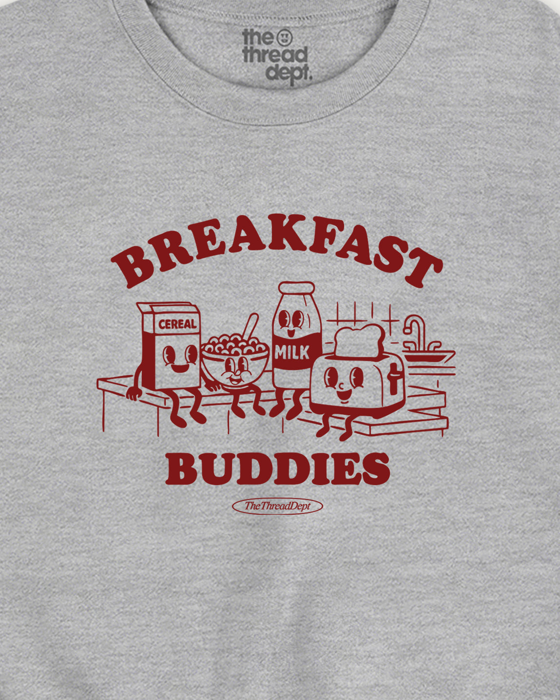 Gray t-shirt with red 'Breakfast Buddies' graphic design featuring cartoon food items.
