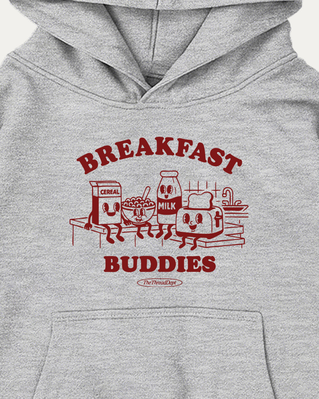 Gray hoodie with red 'Breakfast Buddies' graphic on a white background
