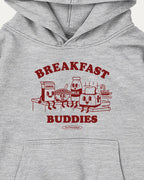Gray hoodie with red 'Breakfast Buddies' graphic on a white background