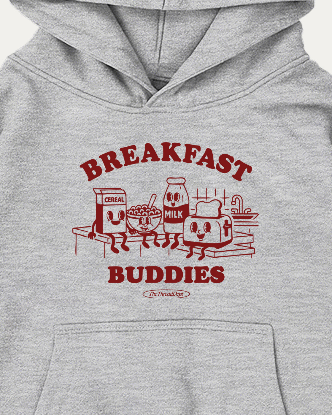 Gray hoodie with red 'Breakfast Buddies' graphic on a white background