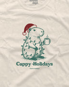 T-shirt with a design of a groundhog wearing a Santa hat and holding a mug, with 'Cappy Holidays' text and 'thread dept.' branding.