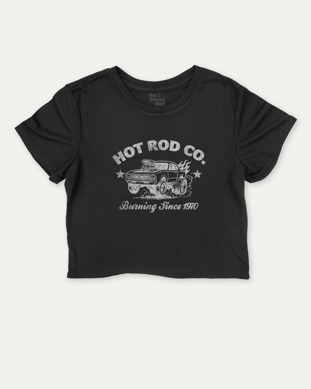 Hot Rod Co graphic crop tee with funny and trendy slogan print, Car Lovers Graphic T shirt, Retro Muscle Car Graphic T shirt, 70s Hot rod Musle Car Graphic T shirt, perfect for women’s casual looks or layering. Black crop t-shirt.
