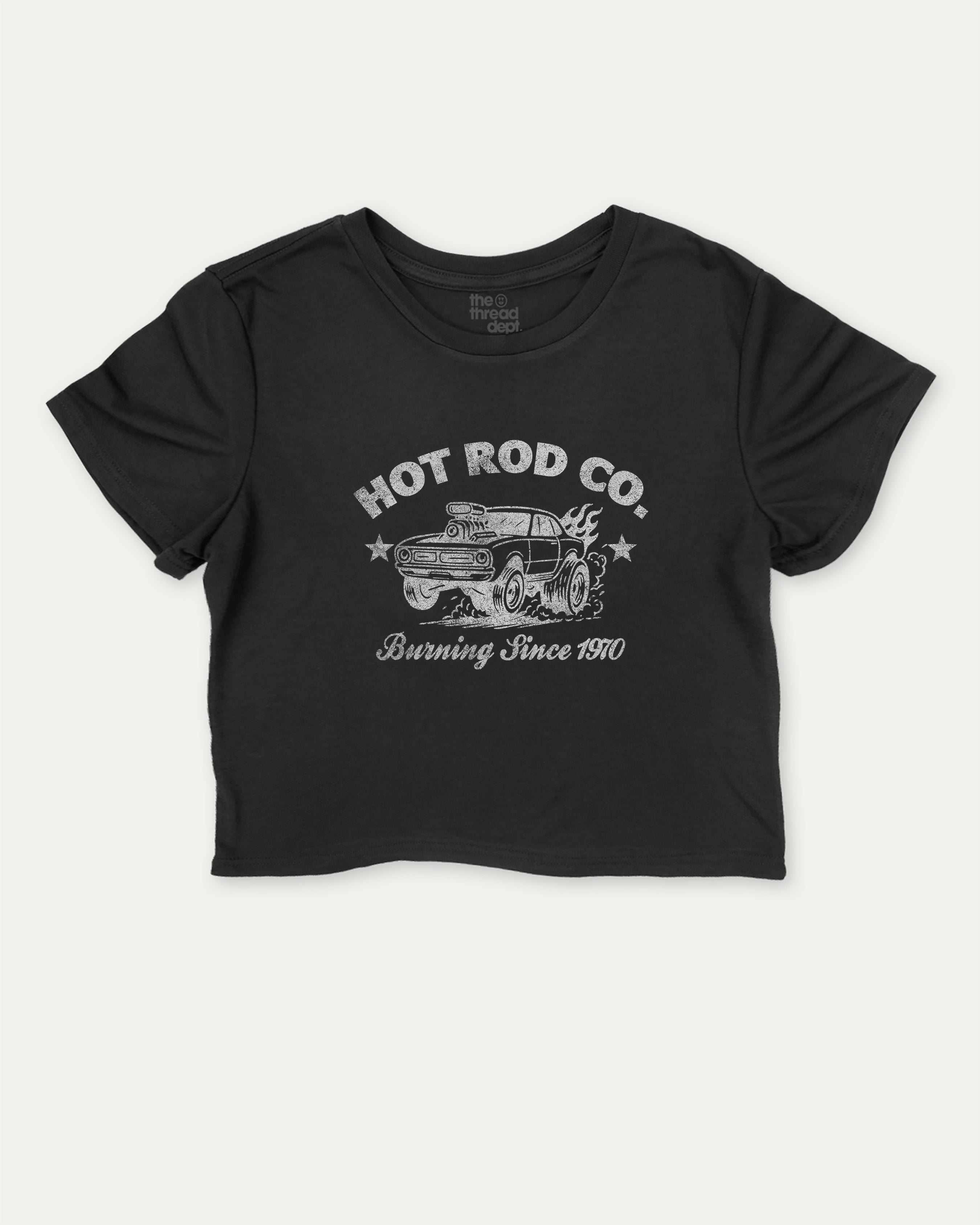 Hot Rod Co graphic crop tee with funny and trendy slogan print, Car Lovers Graphic T shirt, Retro Muscle Car Graphic T shirt, 70s Hot rod Musle Car Graphic T shirt, perfect for women’s casual looks or layering. Black crop t-shirt.