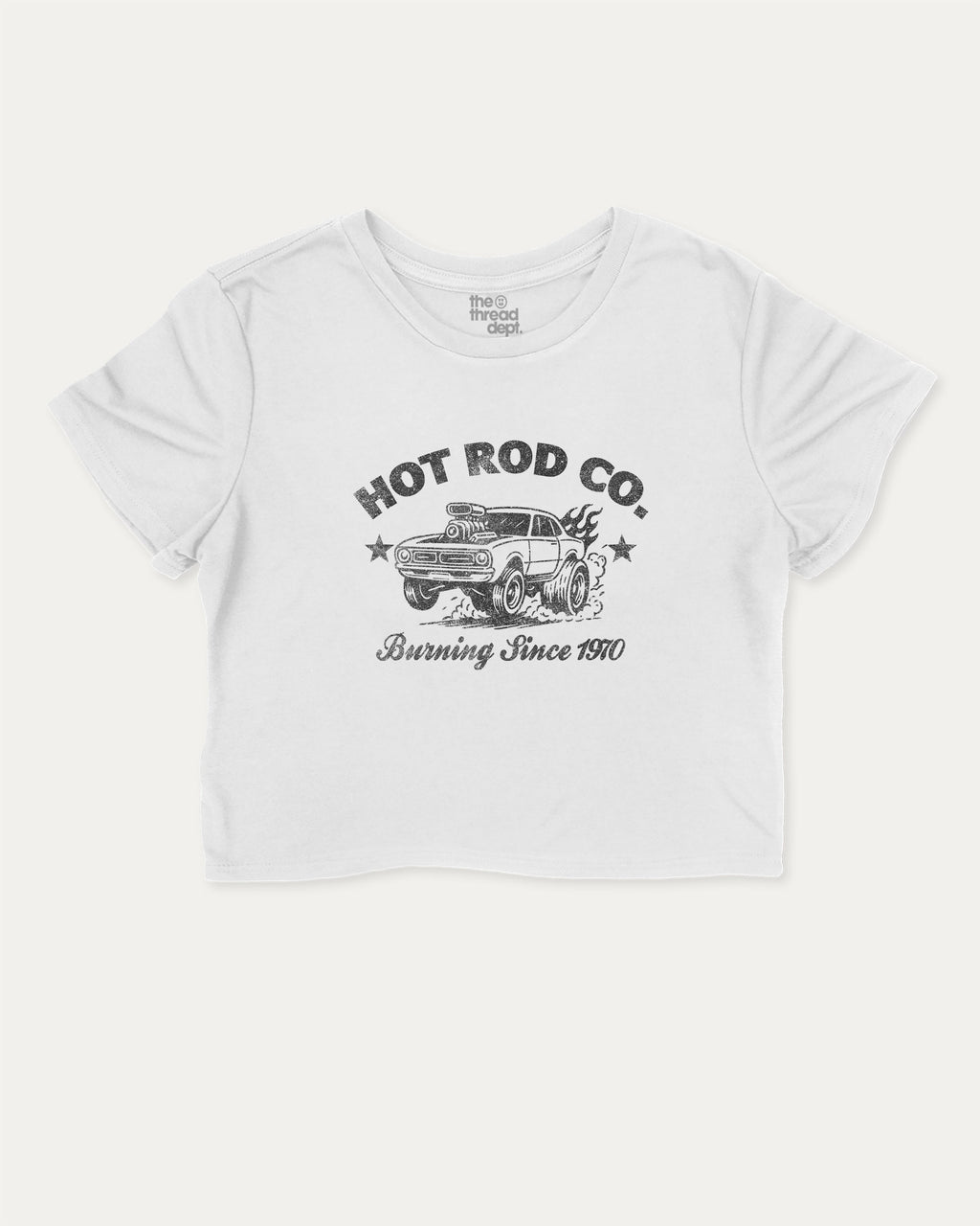 Hot Rod Co graphic crop tee with funny and trendy slogan print, Car Lovers Graphic T shirt, Retro Muscle Car Graphic T shirt, 70s Hot rod Musle Car Graphic T shirt, perfect for women’s casual looks or layering. White crop t-shirt.