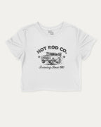 Hot Rod Co graphic crop tee with funny and trendy slogan print, Car Lovers Graphic T shirt, Retro Muscle Car Graphic T shirt, 70s Hot rod Musle Car Graphic T shirt, perfect for women’s casual looks or layering. White crop t-shirt.