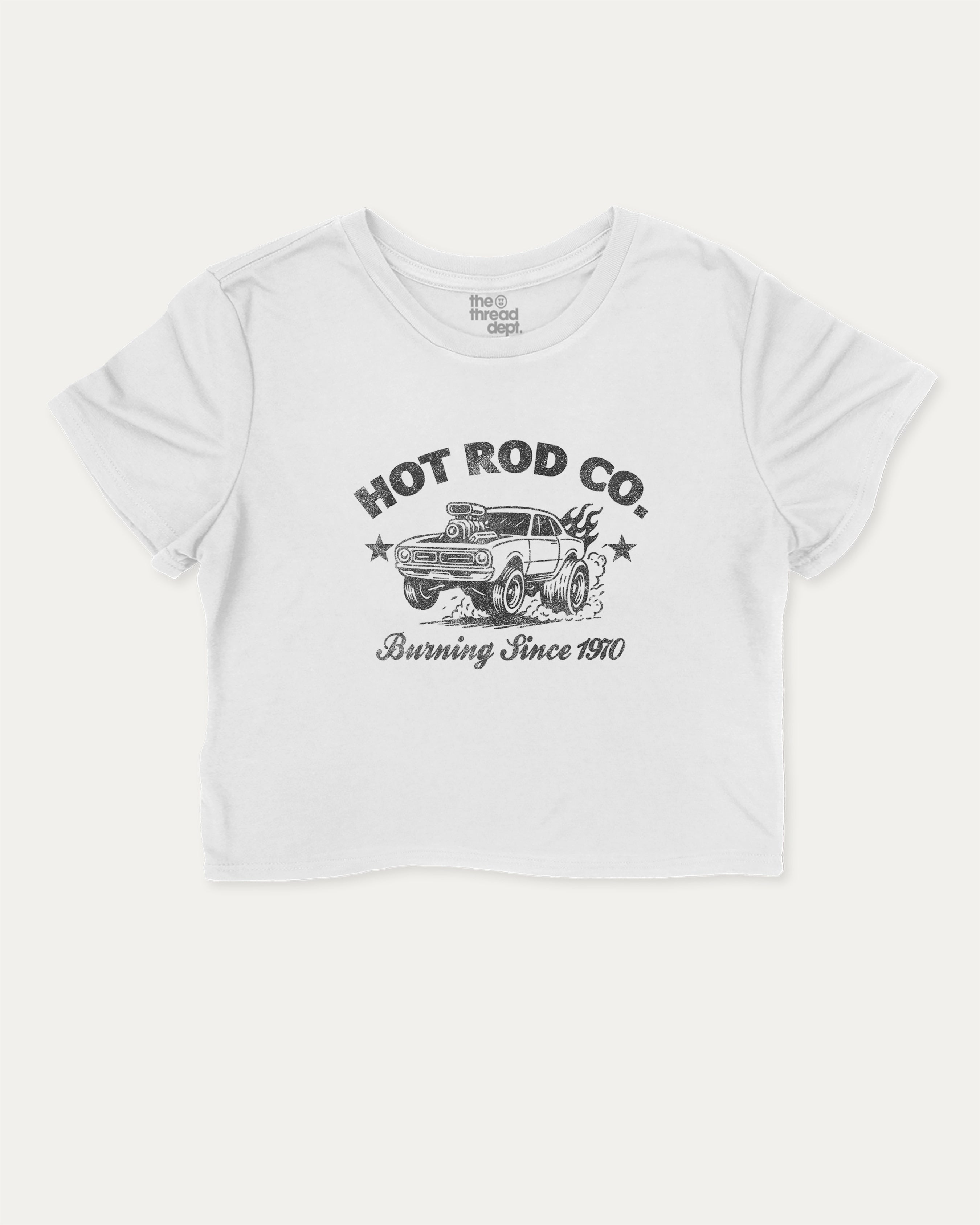 Hot Rod Co graphic crop tee with funny and trendy slogan print, Car Lovers Graphic T shirt, Retro Muscle Car Graphic T shirt, 70s Hot rod Musle Car Graphic T shirt, perfect for women’s casual looks or layering. White crop t-shirt.