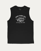 Hot Rod Co men’s graphic muscle tee with bold and athletic graphic print, Car Lovers Graphic T shirt, Retro Muscle Car Graphic T shirt, 70s Hot rod Musle Car Graphic T shirt, perfect for gym or casual wear. Funny and functional gift idea. Black muscle top.