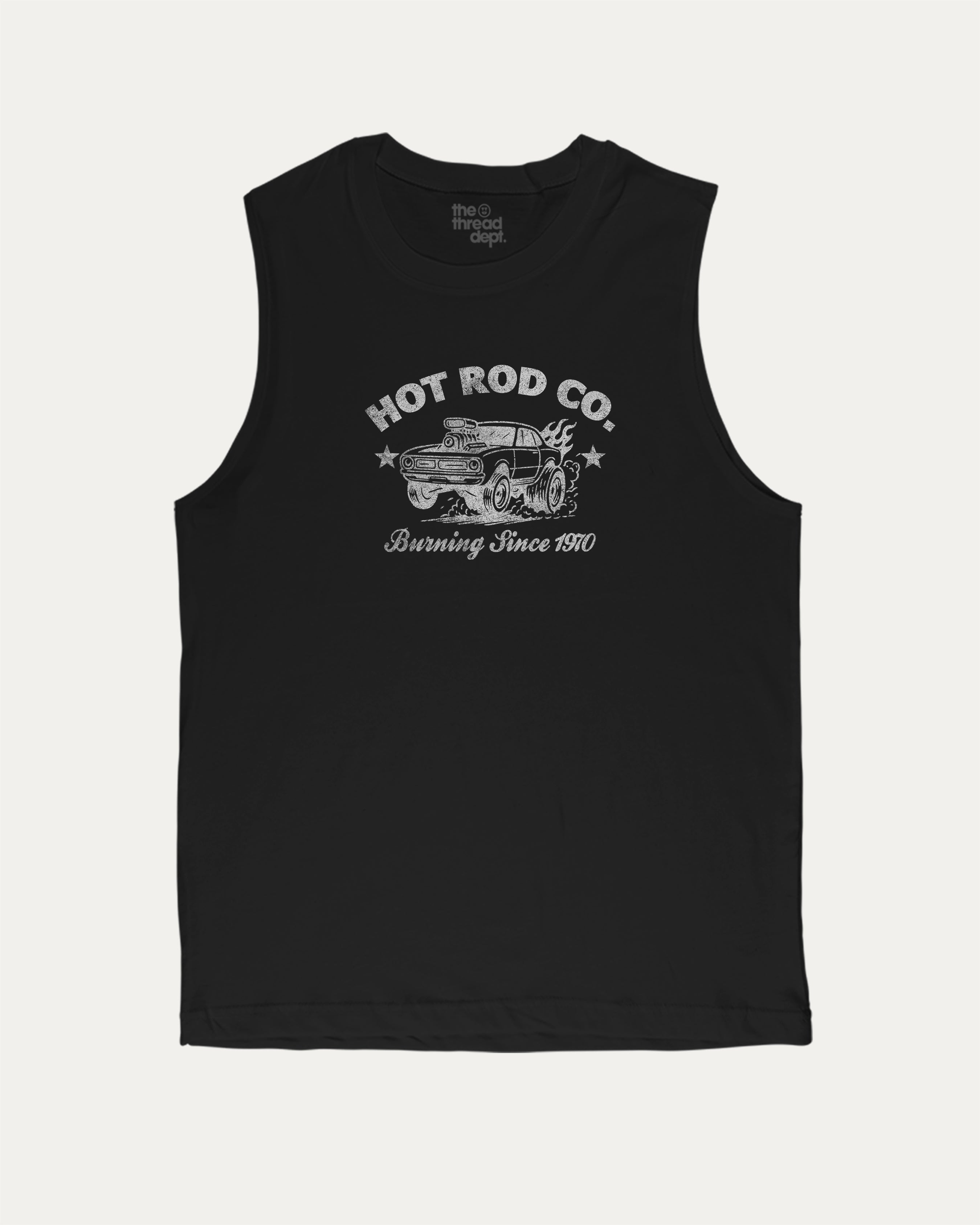 Hot Rod Co men’s graphic muscle tee with bold and athletic graphic print, Car Lovers Graphic T shirt, Retro Muscle Car Graphic T shirt, 70s Hot rod Musle Car Graphic T shirt, perfect for gym or casual wear. Funny and functional gift idea. Black muscle top.