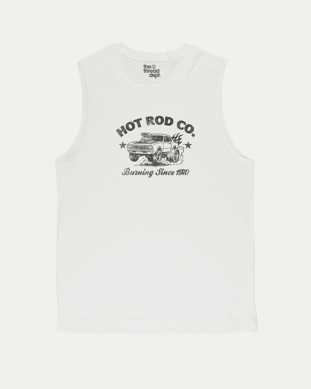 Hot Rod Co men’s graphic muscle tee with bold and athletic graphic print, Car Lovers Graphic T shirt, Retro Muscle Car Graphic T shirt, 70s Hot rod Musle Car Graphic T shirt, perfect for gym or casual wear. Funny and functional gift idea. White muscle top.
