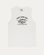 Hot Rod Co men’s graphic muscle tee with bold and athletic graphic print, Car Lovers Graphic T shirt, Retro Muscle Car Graphic T shirt, 70s Hot rod Musle Car Graphic T shirt, perfect for gym or casual wear. Funny and functional gift idea. White muscle top.