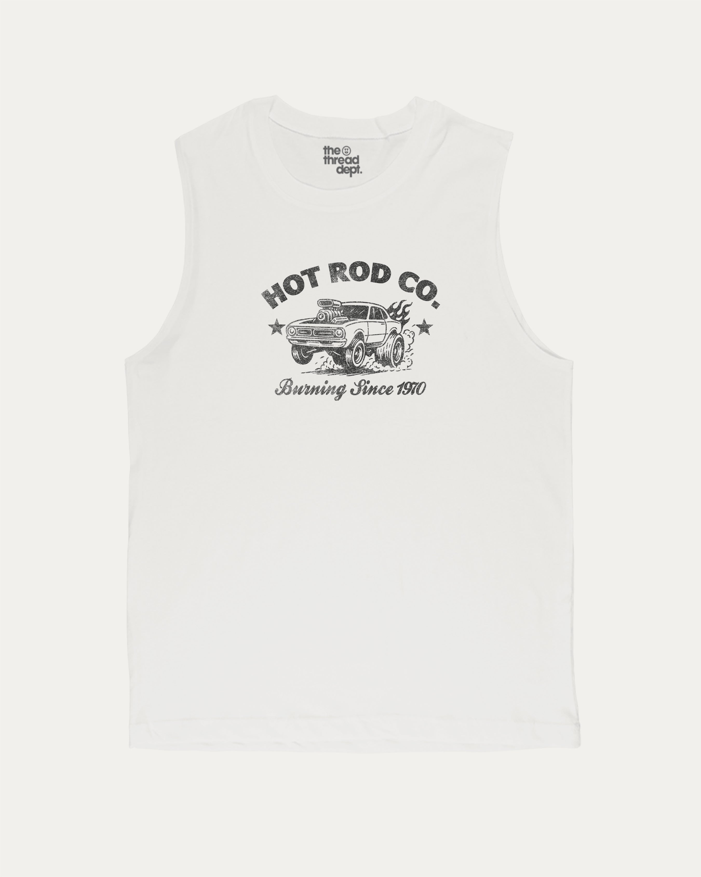 Hot Rod Co men’s graphic muscle tee with bold and athletic graphic print, Car Lovers Graphic T shirt, Retro Muscle Car Graphic T shirt, 70s Hot rod Musle Car Graphic T shirt, perfect for gym or casual wear. Funny and functional gift idea. White muscle top.