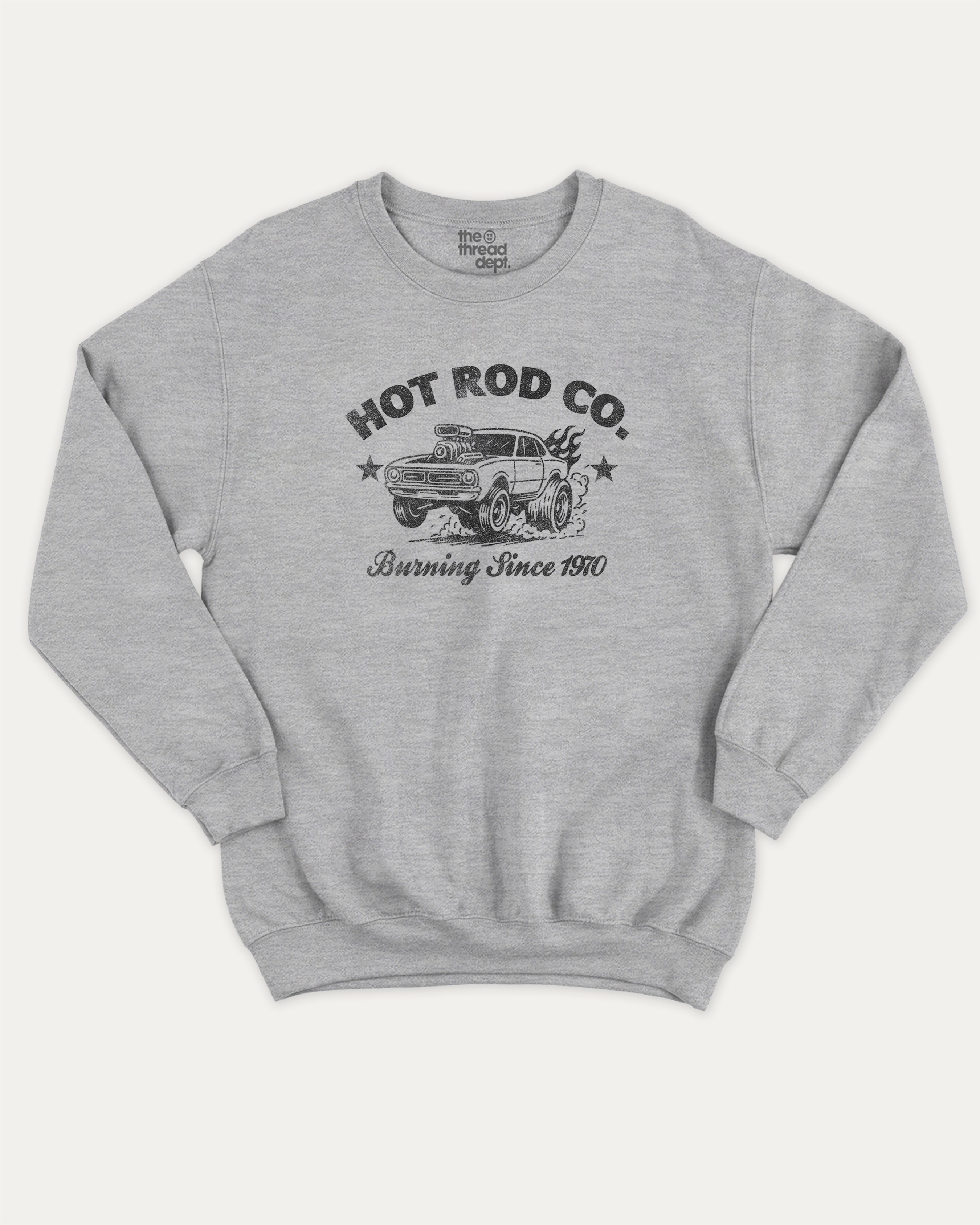 Hot Rod Co graphic sweatshirt with bold and humorous print, Car Lovers Graphic T shirt, Retro Muscle Car Graphic T shirt, 70s Hot rod Musle Car Graphic T shirt, warm and cozy graphic for everyday wear. Perfect for adults and gift-giving. Heather Grey pullover.