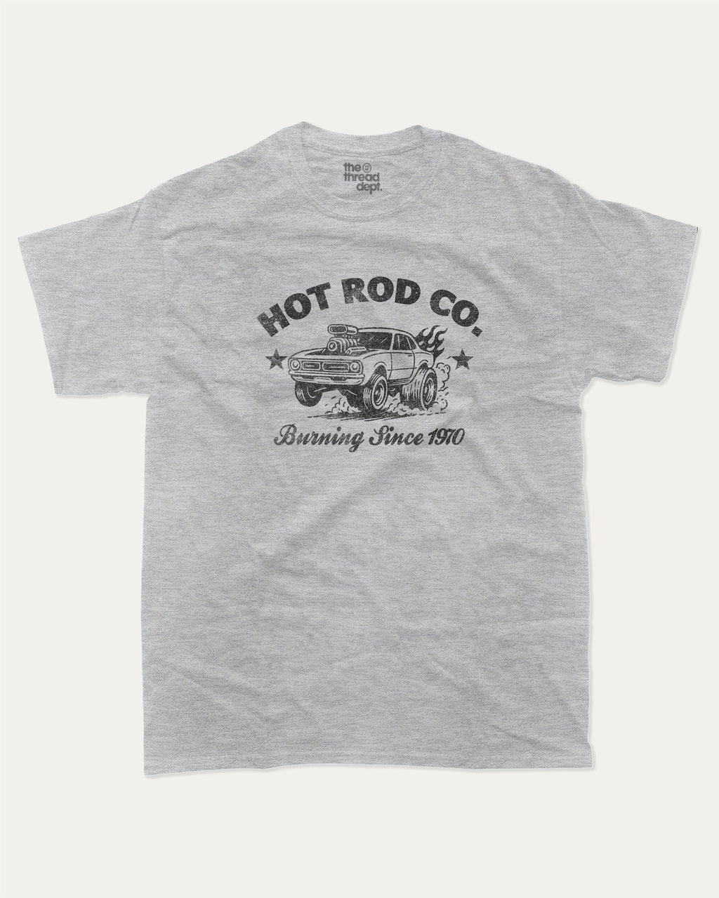 Hot Rod Co graphic tee with bold and humorous print, Car Lovers Graphic T shirt, Retro Muscle Car Graphic T shirt, 70s Hot rod Musle Car Graphic T shirt, funny and trendy graphic. Perfect for adults and gift-giving. Heather Grey shirt.