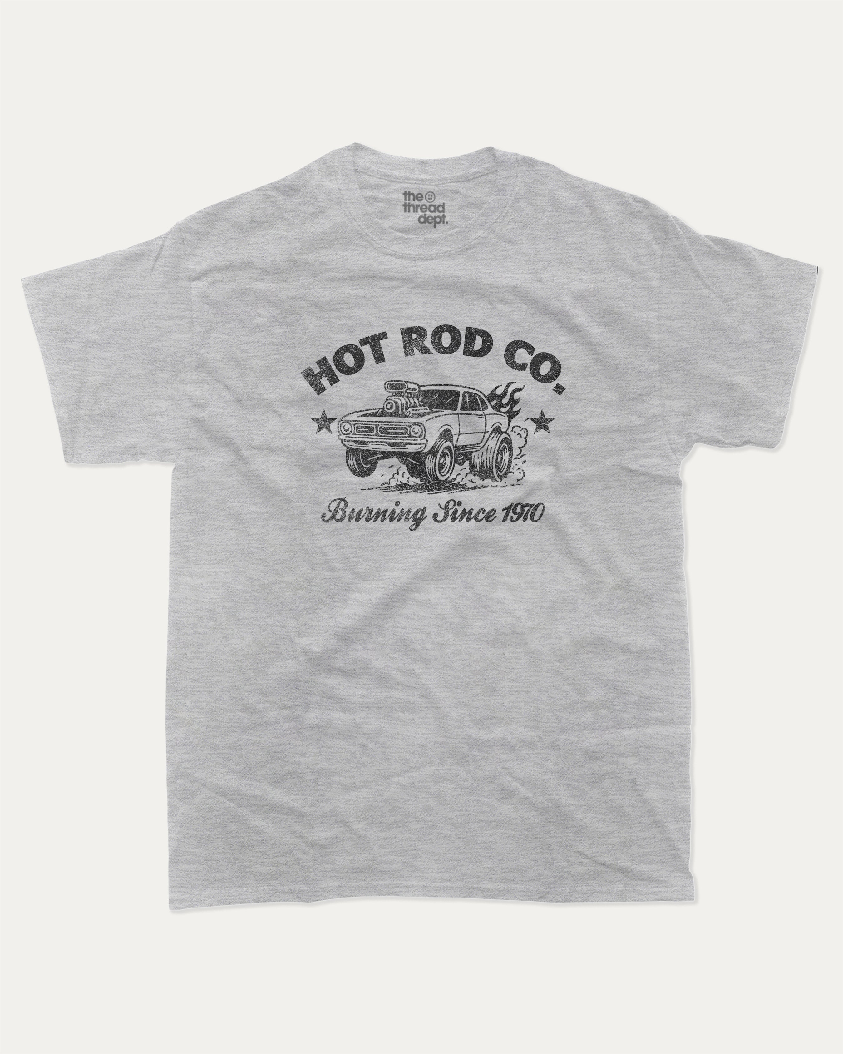 Hot Rod Co graphic tee with bold and humorous print, Car Lovers Graphic T shirt, Retro Muscle Car Graphic T shirt, 70s Hot rod Musle Car Graphic T shirt, funny and trendy graphic. Perfect for adults and gift-giving. Heather Grey shirt.