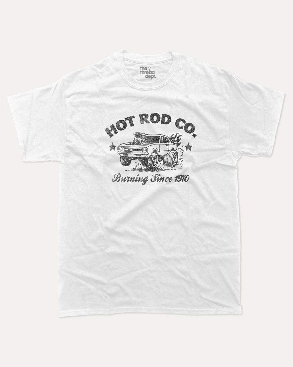 Hot Rod Co graphic tee with bold and humorous print, Car Lovers Graphic T shirt, Retro Muscle Car Graphic T shirt, 70s Hot rod Musle Car Graphic T shirt, funny and trendy graphic. Perfect for adults and gift-giving. White shirt.