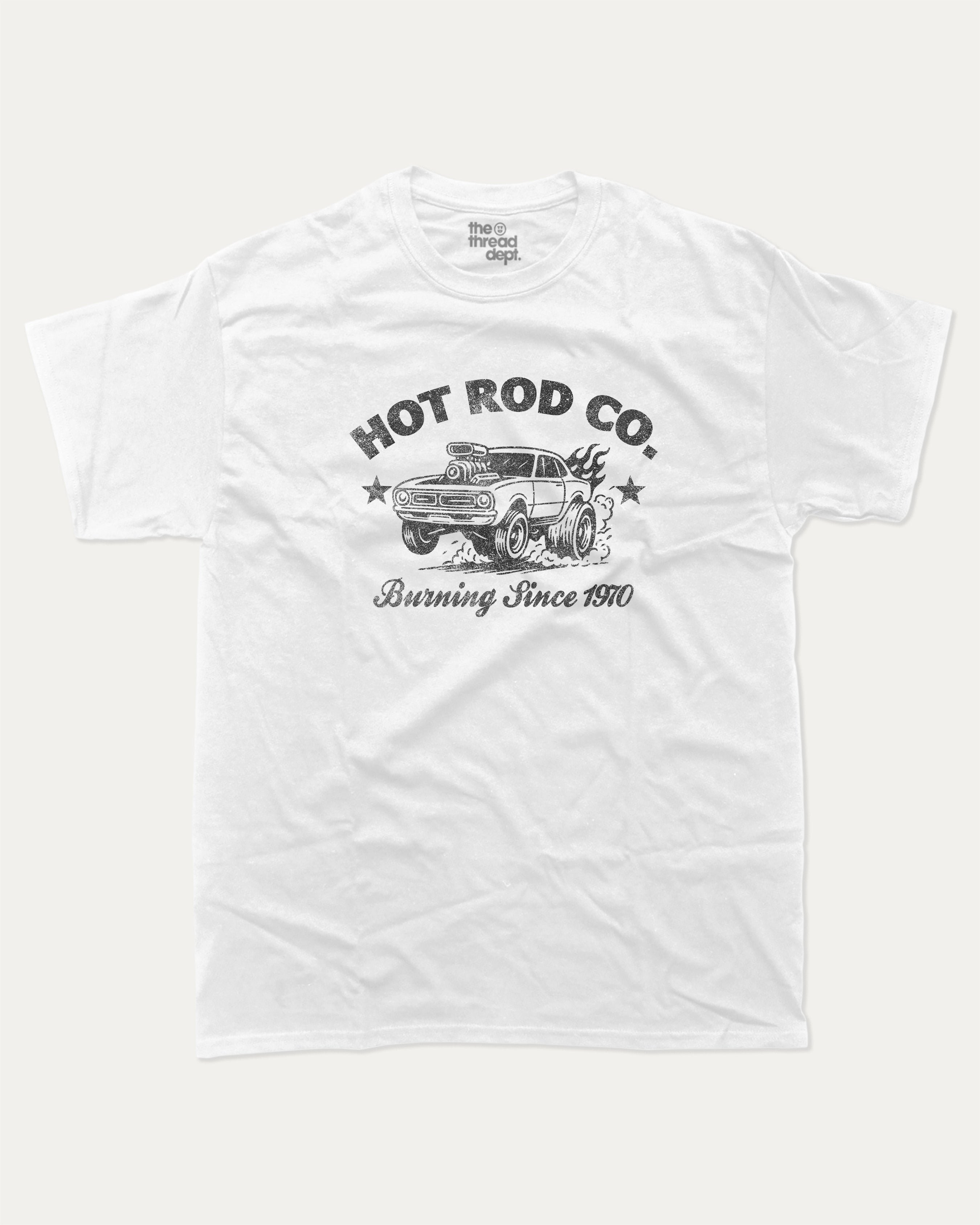 Hot Rod Co graphic tee with bold and humorous print, Car Lovers Graphic T shirt, Retro Muscle Car Graphic T shirt, 70s Hot rod Musle Car Graphic T shirt, funny and trendy graphic. Perfect for adults and gift-giving. White shirt.