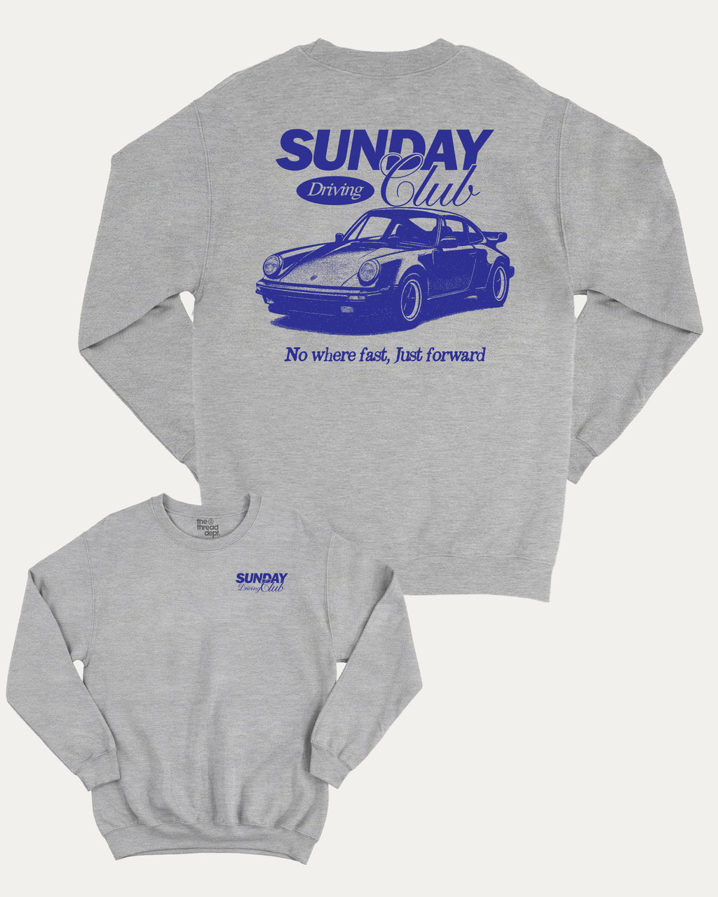 Sunday Driving Club graphic sweatshirt with vintage retro car graphic, warm and cozy graphic for everyday wear. Perfect for adults and gift-giving. Heather Grey pullover.