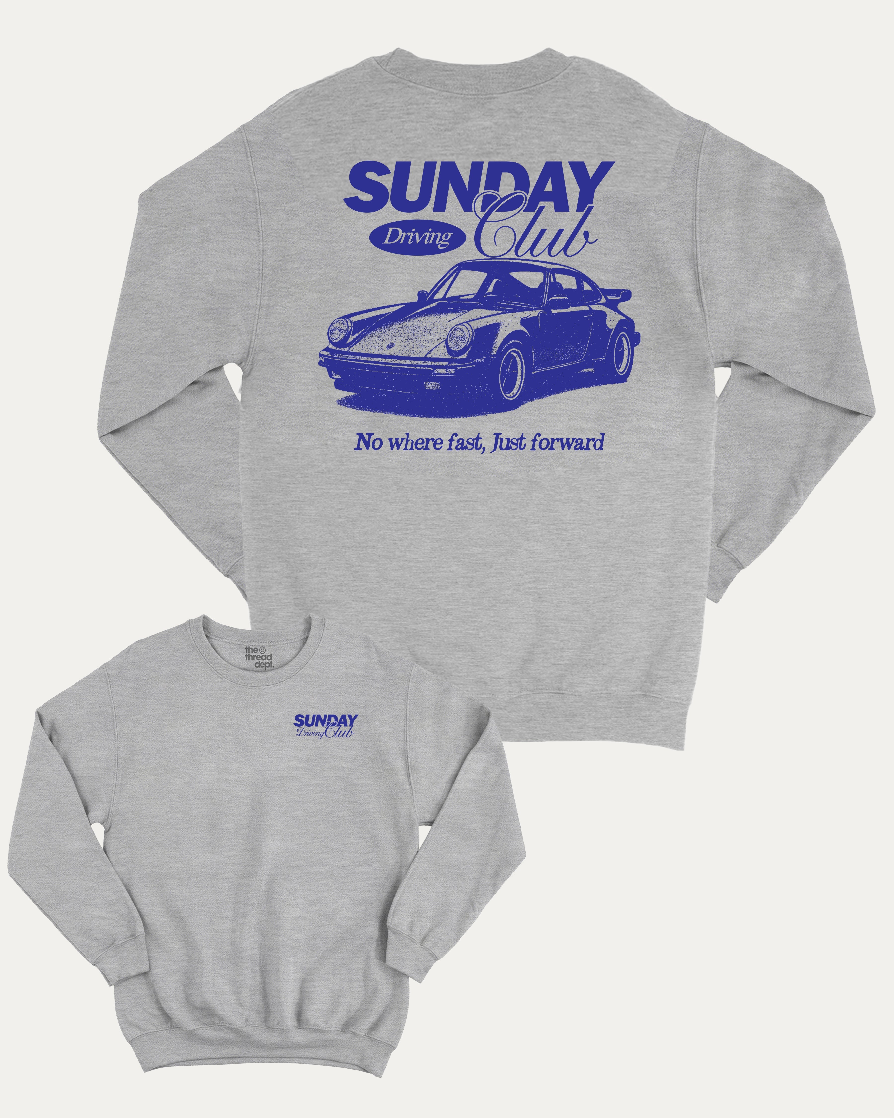 Sunday Driving Club graphic sweatshirt with vintage retro car graphic, warm and cozy graphic for everyday wear. Perfect for adults and gift-giving. Heather Grey pullover.