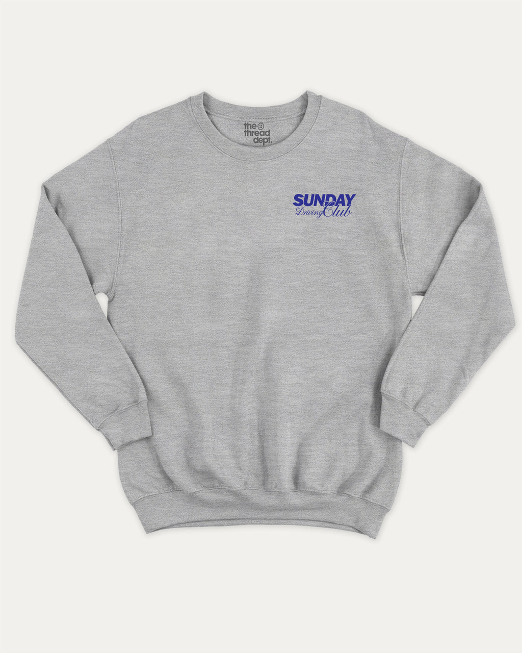 Sunday Driving Club graphic sweatshirt with vintage retro car graphic, warm and cozy graphic for everyday wear. Perfect for adults and gift-giving. Heather Grey pullover.