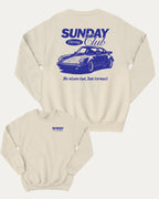 Sunday Driving Club graphic sweatshirt with vintage retro car graphic, warm and cozy graphic for everyday wear. Perfect for adults and gift-giving. Natural pullover.
