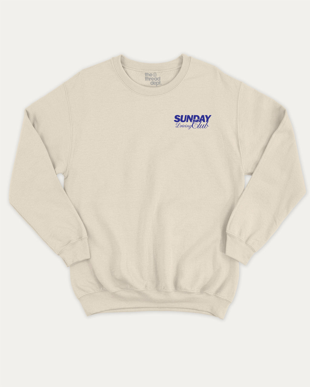 Sunday Driving Club graphic sweatshirt with vintage retro car graphic, warm and cozy graphic for everyday wear. Perfect for adults and gift-giving. Natural pullover.