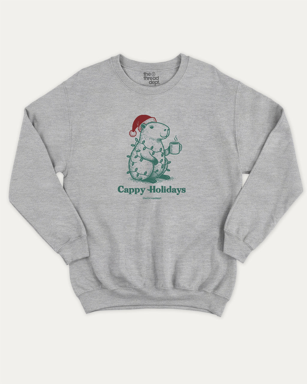 Cappy Holidays graphic sweatshirt with bold and humorous print, Perfect Gift for Christmas, Christmas Gift, X-mas Gift for friends, warm and cozy graphic for everyday wear. Perfect for adults and gift-giving. Heather Grey pullover.