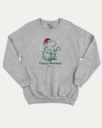 Cappy Holidays graphic sweatshirt with bold and humorous print, Perfect Gift for Christmas, Christmas Gift, X-mas Gift for friends, warm and cozy graphic for everyday wear. Perfect for adults and gift-giving. Heather Grey pullover.