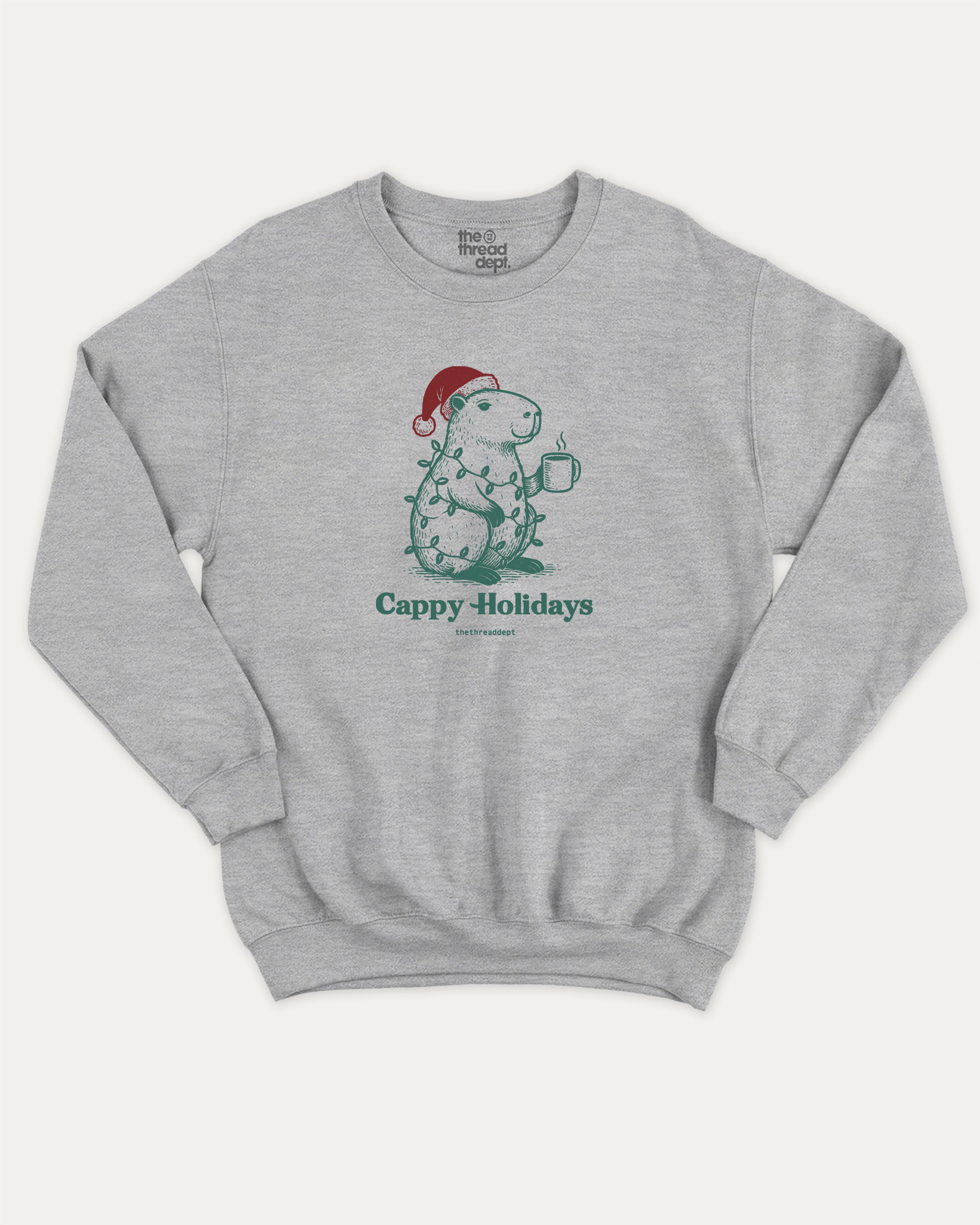 Cappy Holidays graphic sweatshirt with bold and humorous print, Perfect Gift for Christmas, Christmas Gift, X-mas Gift for friends, warm and cozy graphic for everyday wear. Perfect for adults and gift-giving. Heather Grey pullover.