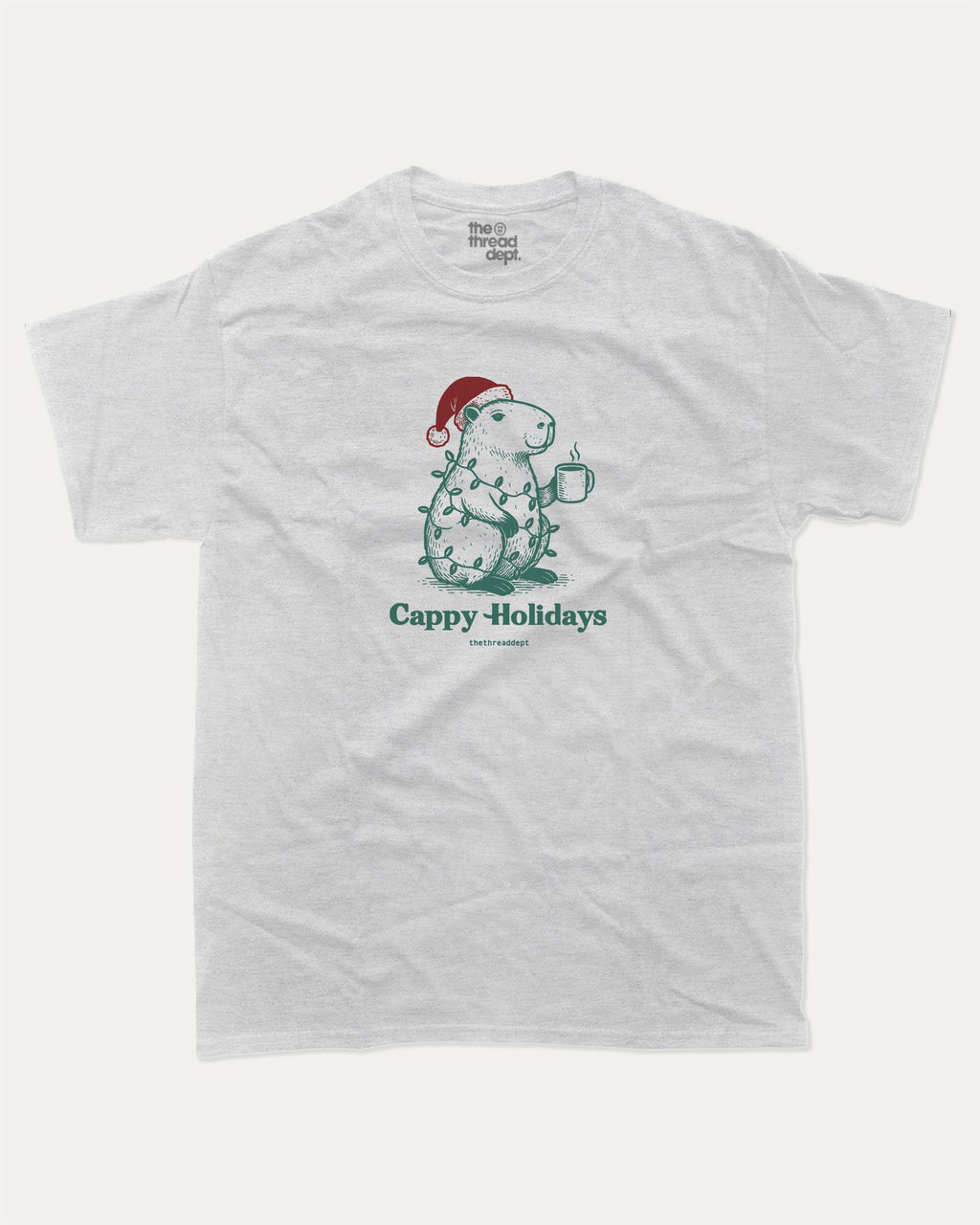 Cappy Holidays graphic tee with bold and humorous print, Perfect Gift for Christmas, Christmas Gift, X-mas Gift for friends, funny and trendy graphic. Perfect for adults and gift-giving. Ash Grey shirt.