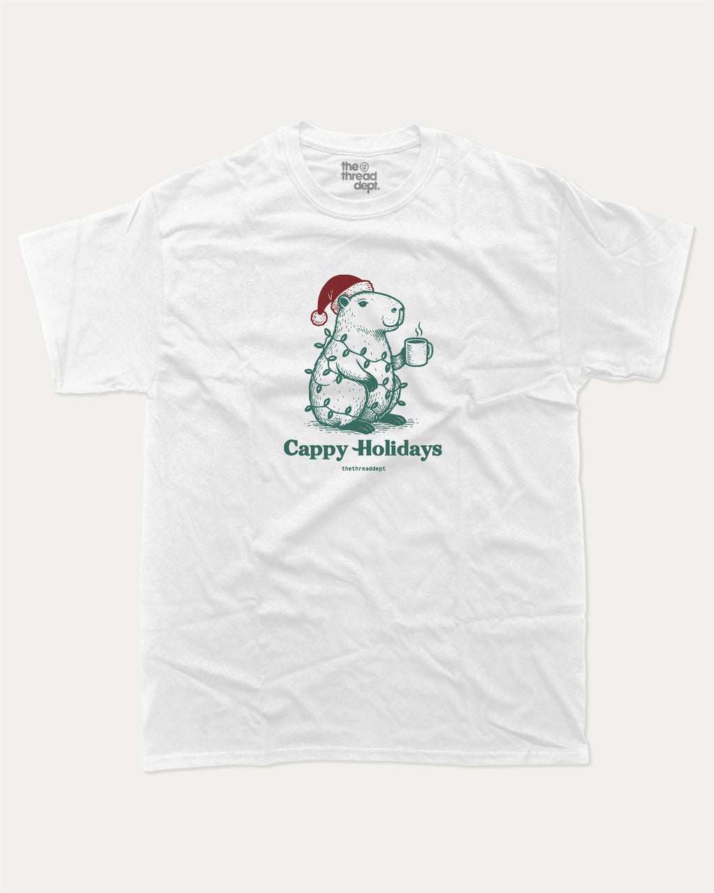 Cappy Holidays graphic tee with bold and humorous print, Perfect Gift for Christmas, Christmas Gift, X-mas Gift for friends, funny and trendy graphic. Perfect for adults and gift-giving. White shirt.