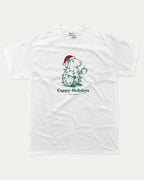 Cappy Holidays graphic tee with bold and humorous print, Perfect Gift for Christmas, Christmas Gift, X-mas Gift for friends, funny and trendy graphic. Perfect for adults and gift-giving. White shirt.
