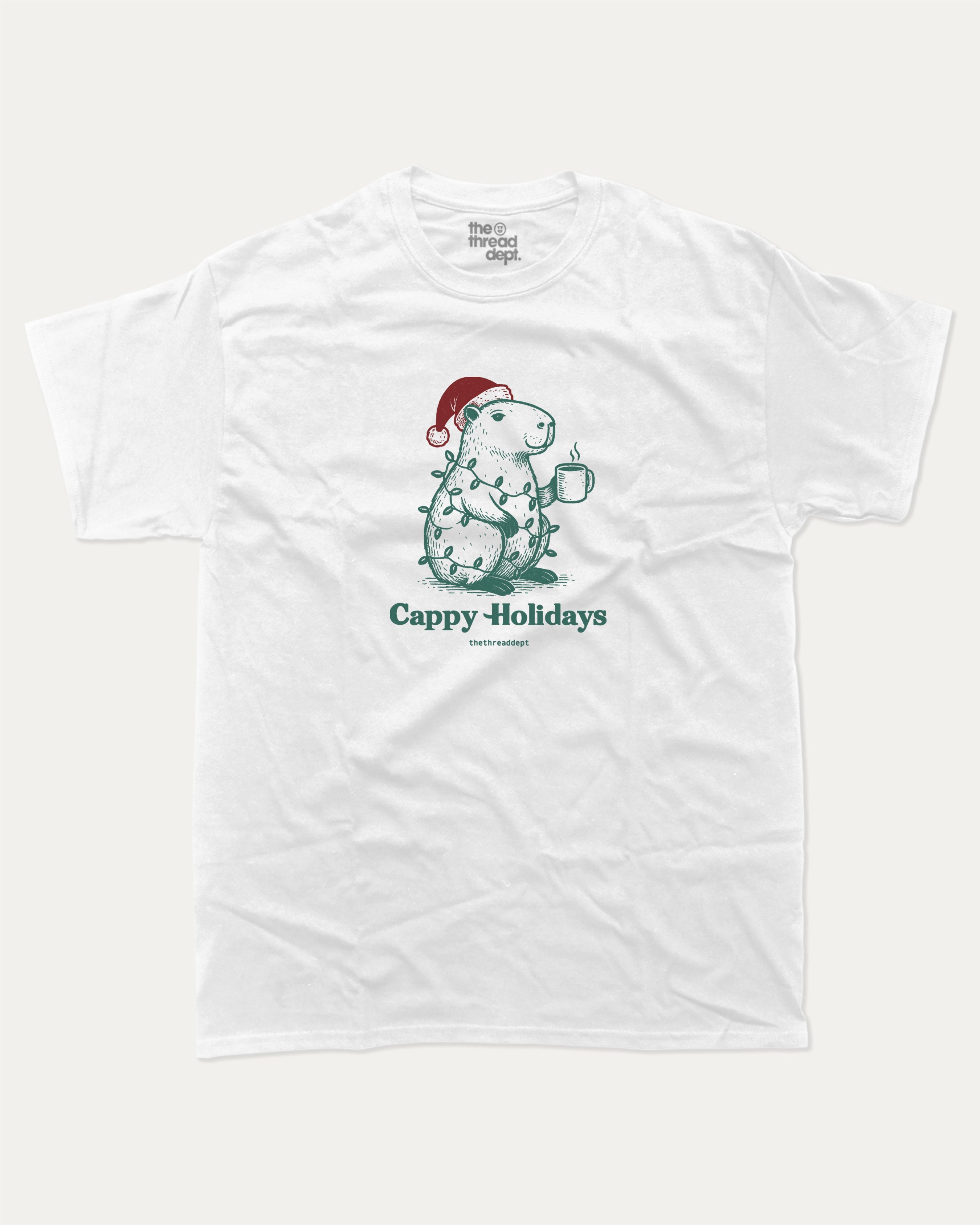 Cappy Holidays graphic tee with bold and humorous print, Perfect Gift for Christmas, Christmas Gift, X-mas Gift for friends, funny and trendy graphic. Perfect for adults and gift-giving. White shirt.