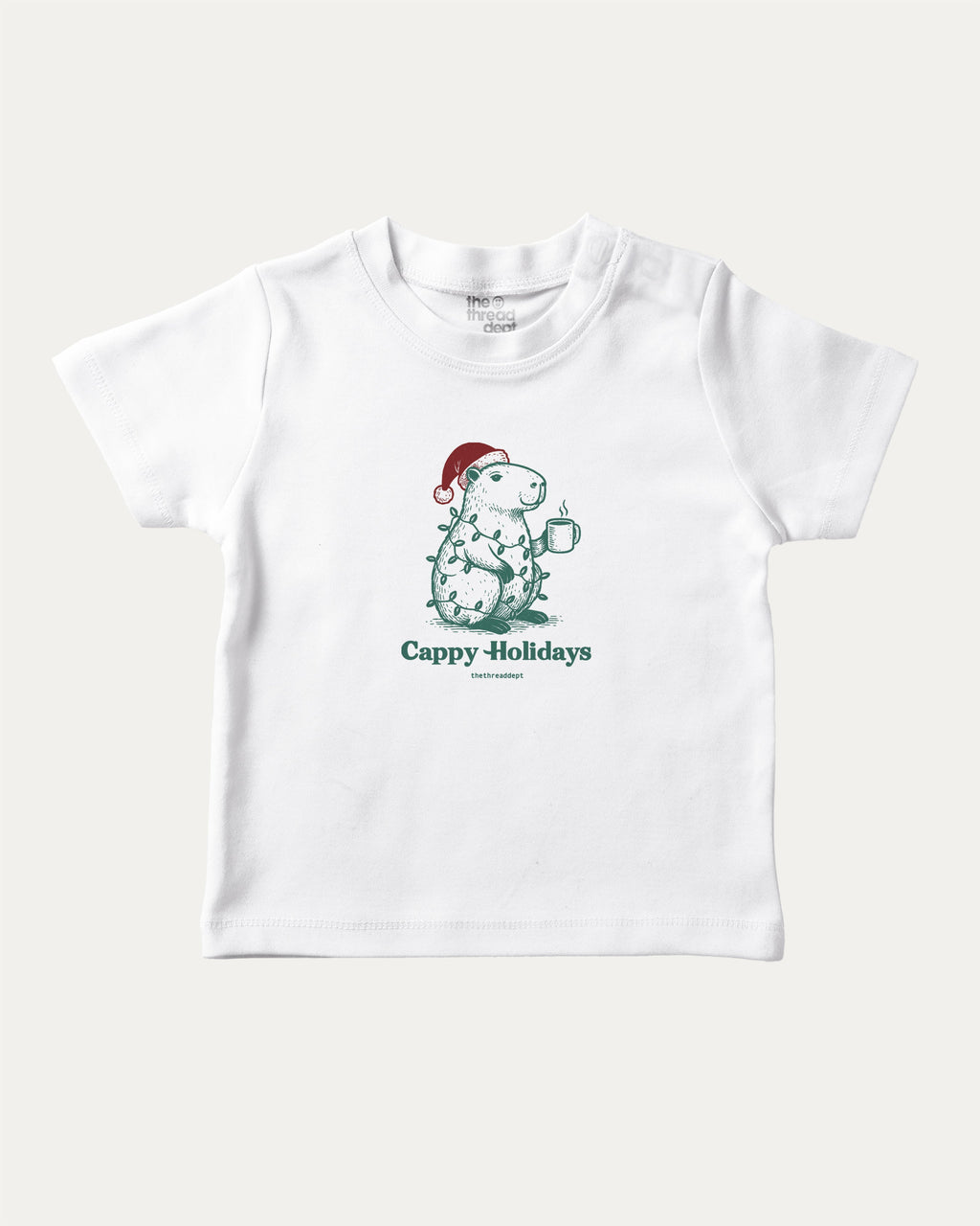 Cappy Holidays graphic tee with bold and humorous print, Perfect Gift for Christmas, Christmas Gift, X-mas Gift for friends, funny and trendy graphic. Perfect for adults and gift-giving. White shirt.