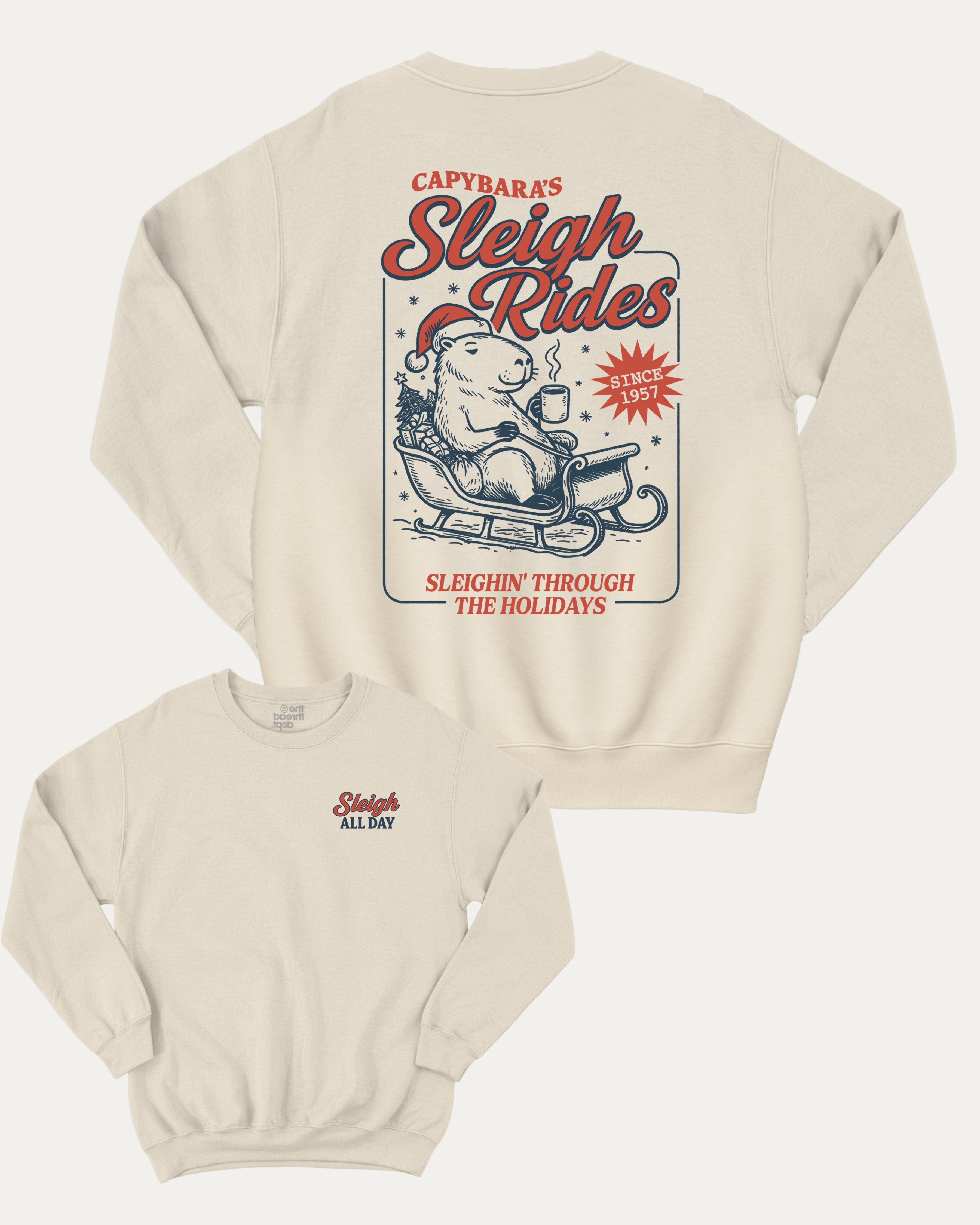 Capybara's Sleigh Rides graphic sweatshirt with bold and humorous print, Perfect Gift for Christmas, X Mas Graphic T shirt, X-mas Gift, warm and cozy graphic for everyday wear. Perfect for adults and gift-giving. Natural pullover.