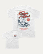 Capybara's Sleigh Rides graphic tee with bold and humorous print, Perfect Gift for Christmas, X Mas Graphic T shirt, X-mas Gift, funny and trendy graphic. Perfect for adults and gift-giving. White shirt.