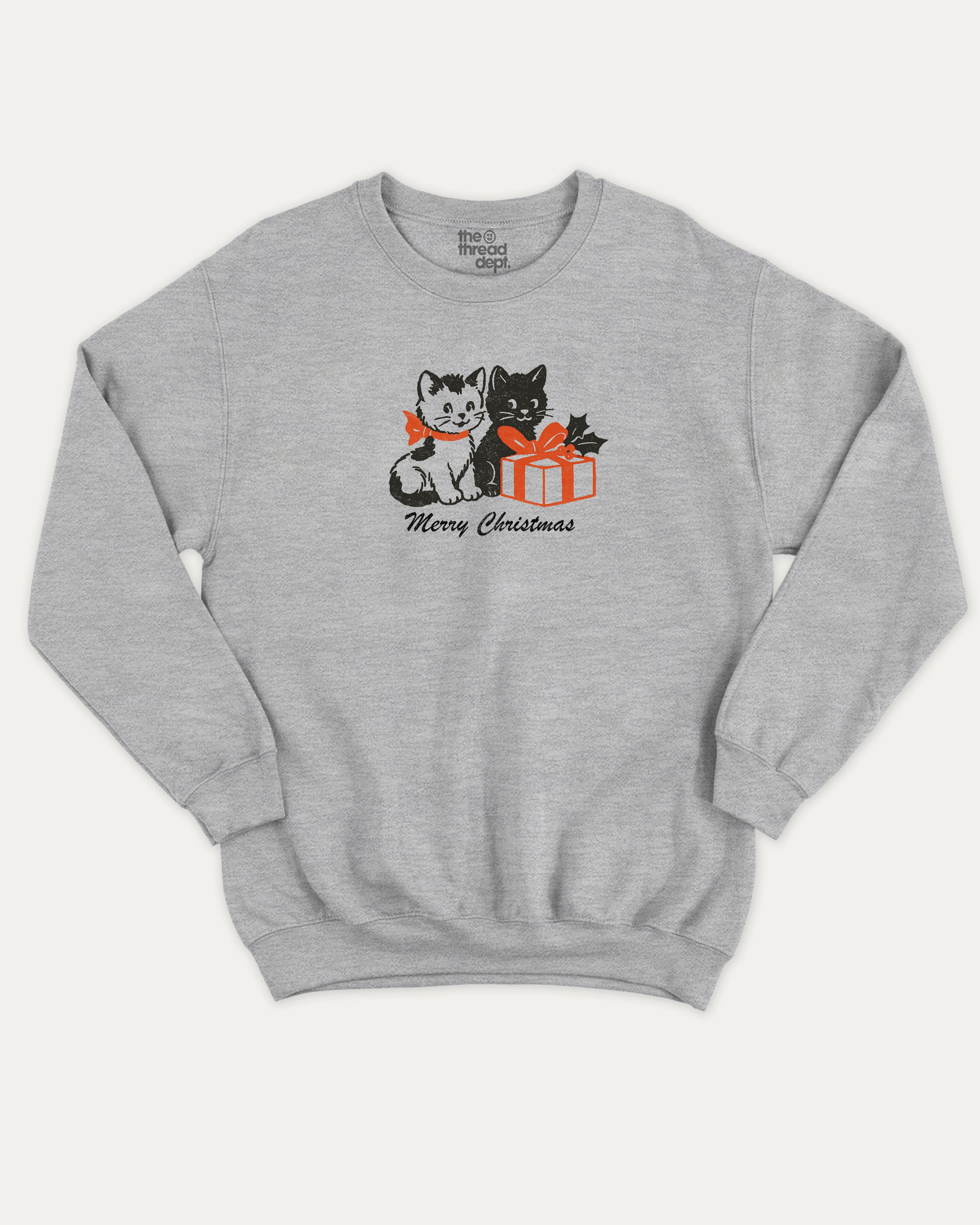 Christmas Cats graphic sweatshirt with bold and humorous print, Perfect Gift for Christmas Holiday, Holiday Gift Graphic T shirt, X-mas Graphic T shirt, warm and cozy graphic for everyday wear. Perfect for adults and gift-giving. Heather Grey pullover.