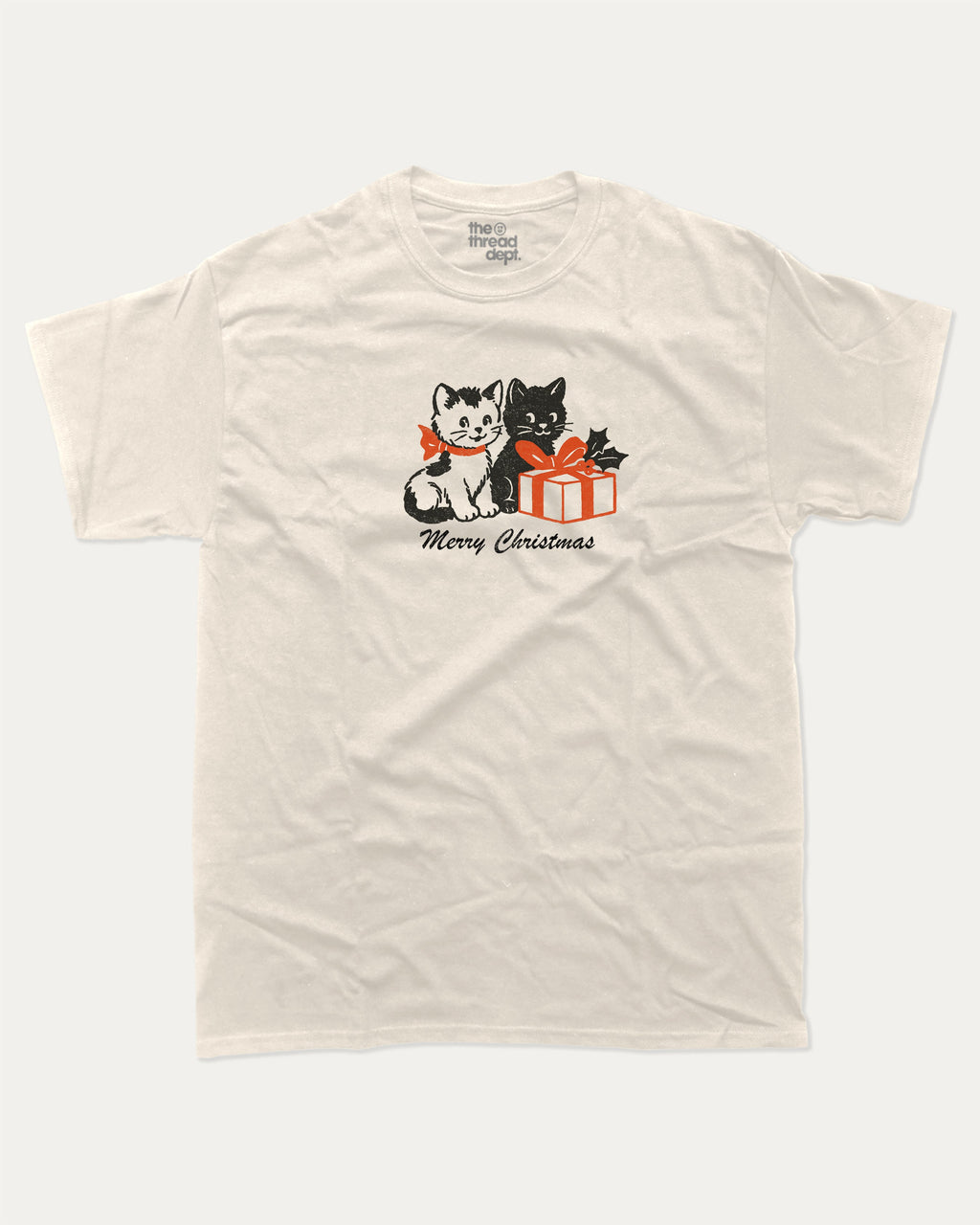 Christmas Cats graphic tee with bold and humorous print, Perfect Gift for Christmas Holiday, Holiday Gift Graphic T shirt, X-mas Graphic T shirt, funny and trendy graphic. Perfect for adults and gift-giving. Cream shirt.