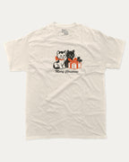 Christmas Cats graphic tee with bold and humorous print, Perfect Gift for Christmas Holiday, Holiday Gift Graphic T shirt, X-mas Graphic T shirt, funny and trendy graphic. Perfect for adults and gift-giving. Cream shirt.