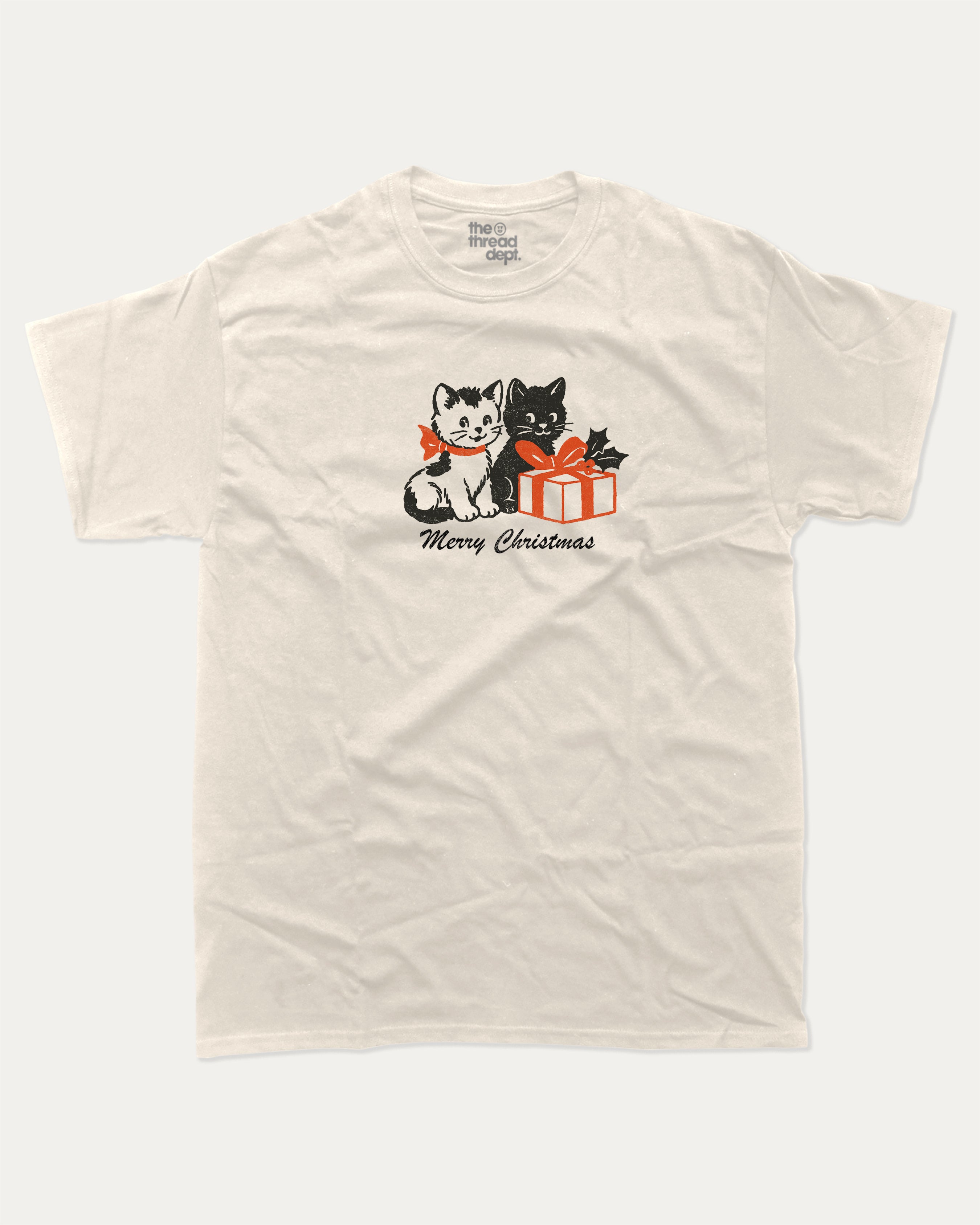 Christmas Cats graphic tee with bold and humorous print, Perfect Gift for Christmas Holiday, Holiday Gift Graphic T shirt, X-mas Graphic T shirt, funny and trendy graphic. Perfect for adults and gift-giving. Cream shirt.