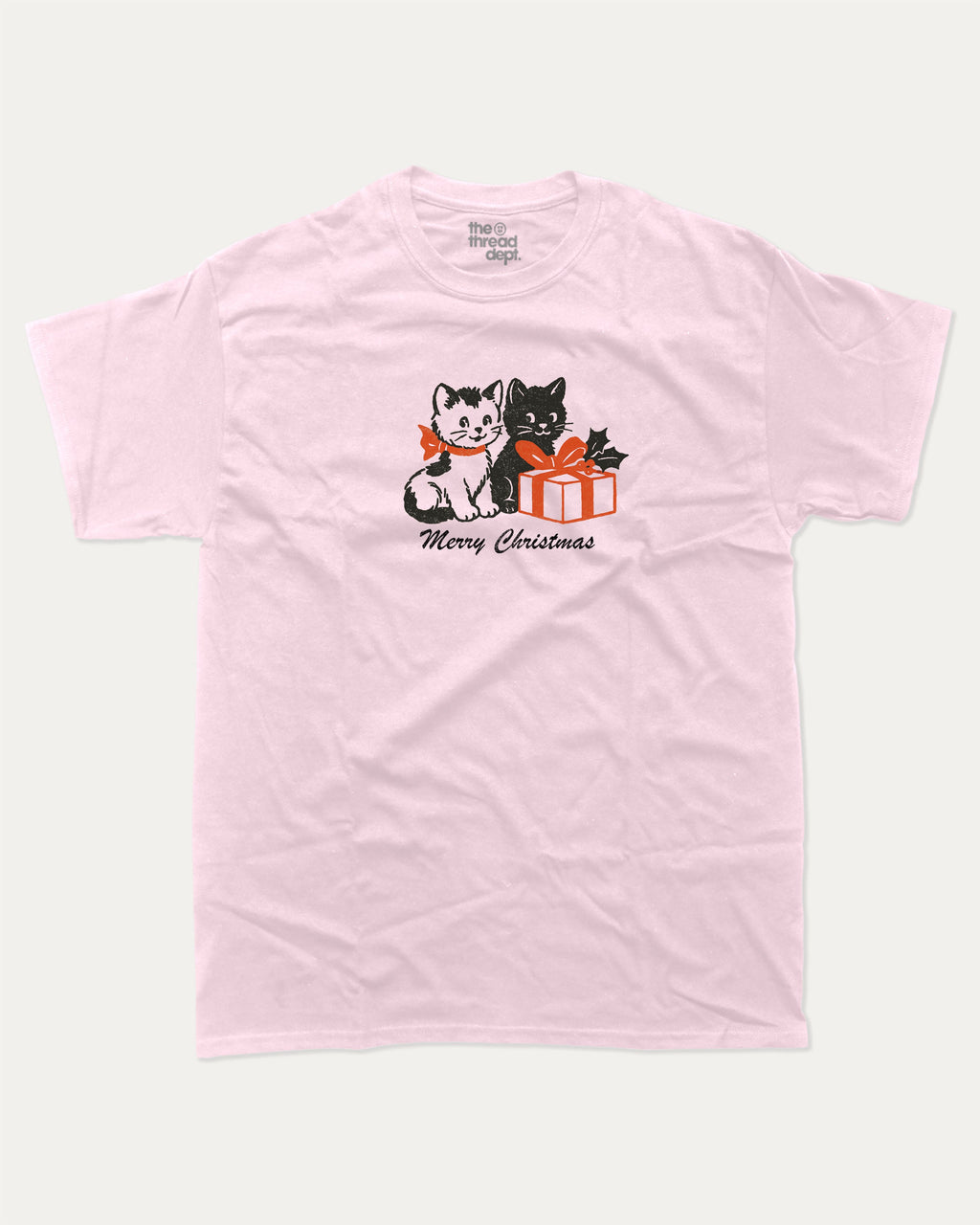 Christmas Cats graphic tee with bold and humorous print, Perfect Gift for Christmas Holiday, Holiday Gift Graphic T shirt, X-mas Graphic T shirt, funny and trendy graphic. Perfect for adults and gift-giving. Pink shirt.