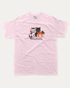 Christmas Cats graphic tee with bold and humorous print, Perfect Gift for Christmas Holiday, Holiday Gift Graphic T shirt, X-mas Graphic T shirt, funny and trendy graphic. Perfect for adults and gift-giving. Pink shirt.