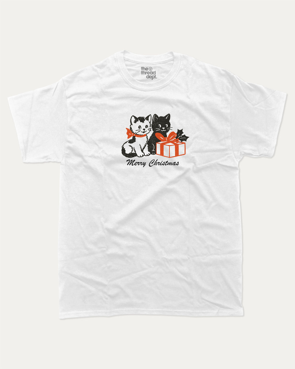 Christmas Cats graphic tee with bold and humorous print, Perfect Gift for Christmas Holiday, Holiday Gift Graphic T shirt, X-mas Graphic T shirt, funny and trendy graphic. Perfect for adults and gift-giving. White shirt.