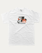 Christmas Cats graphic tee with bold and humorous print, Perfect Gift for Christmas Holiday, Holiday Gift Graphic T shirt, X-mas Graphic T shirt, funny and trendy graphic. Perfect for adults and gift-giving. White shirt.