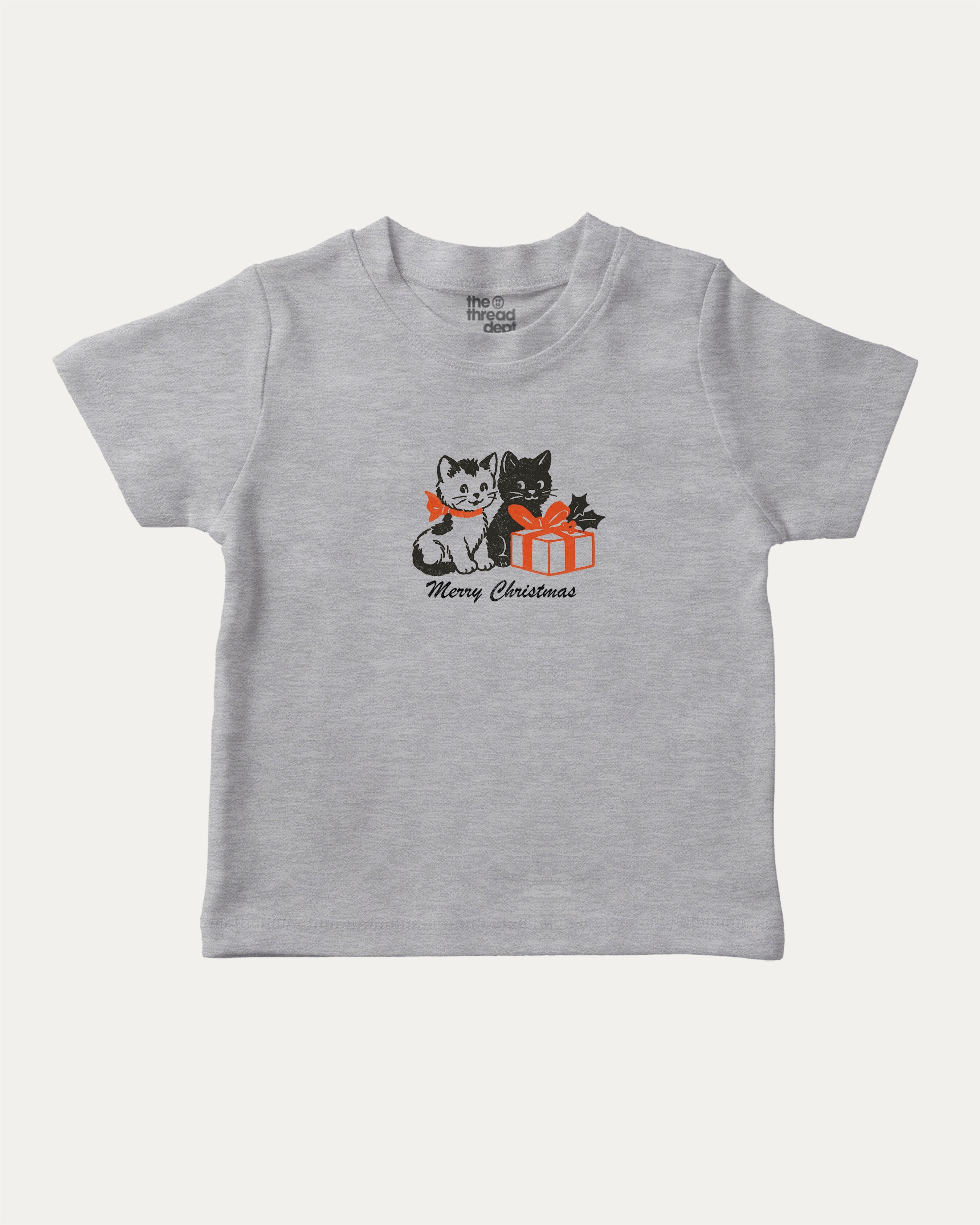 Christmas Cats graphic tee with bold and humorous print, Perfect Gift for Christmas Holiday, Holiday Gift Graphic T shirt, X-mas Graphic T shirt, funny and trendy graphic. Perfect for adults and gift-giving. Heather Grey shirt.