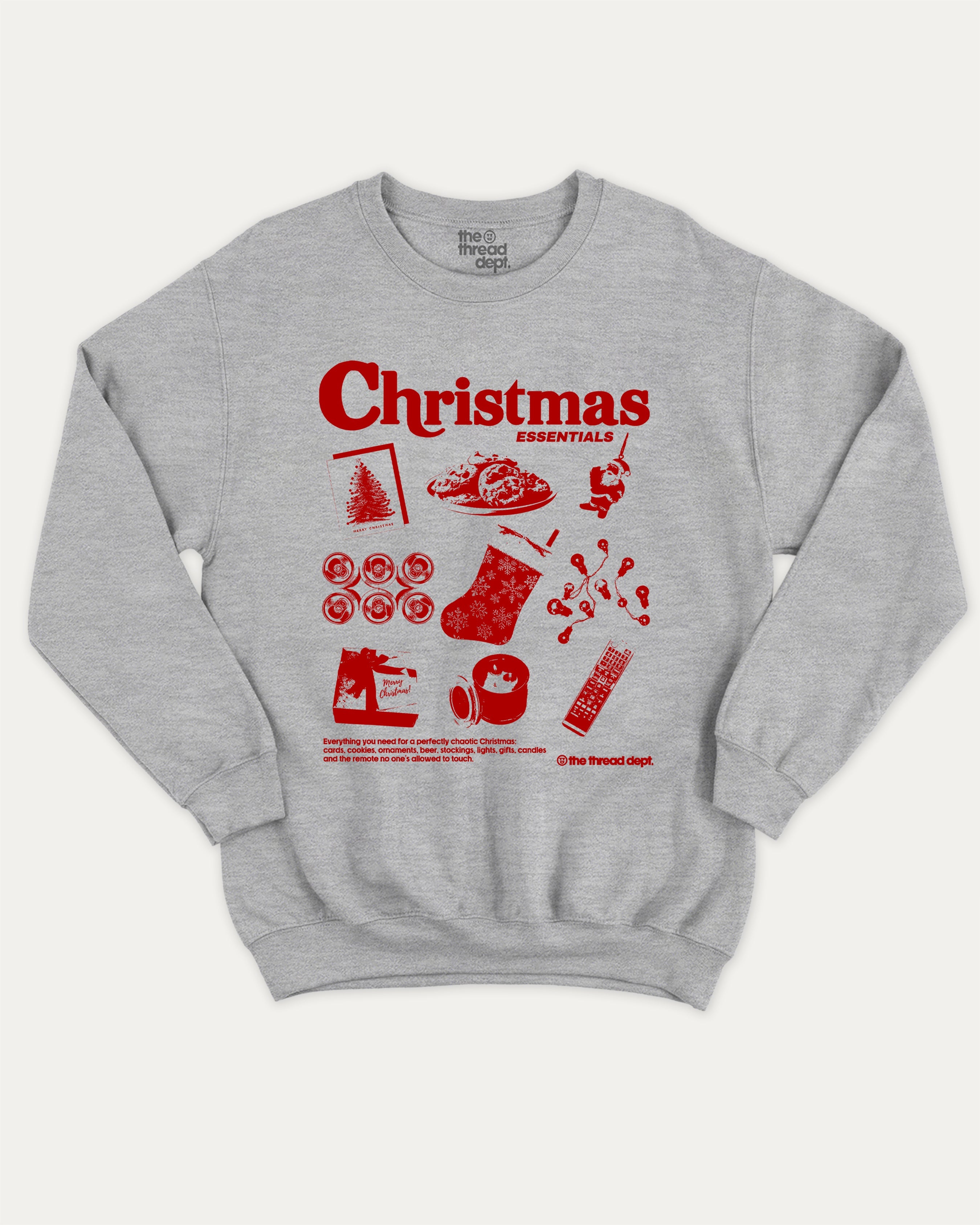 Christmas Essentials graphic sweatshirt with bold and humorous print, Perfect Gift for Christmas, X-mas Gift, X-mas T shirt,  warm and cozy graphic for everyday wear. Perfect for adults and gift-giving. Heather Grey pullover.