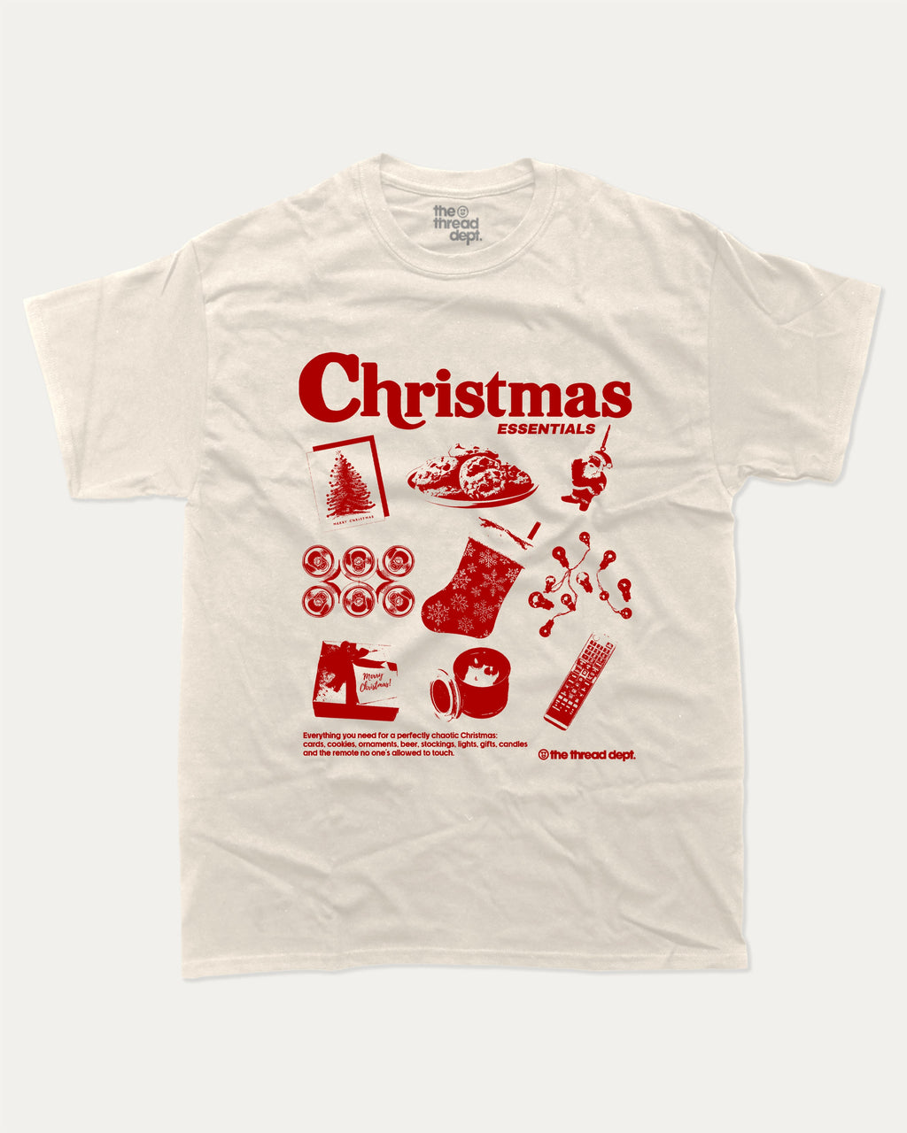 Christmas Essentials graphic tee with bold and humorous print, funny and trendy graphic. Perfect Gift for Christmas, X-mas Gift, X-mas T shirt, Perfect for adults and gift-giving. Cream shirt.