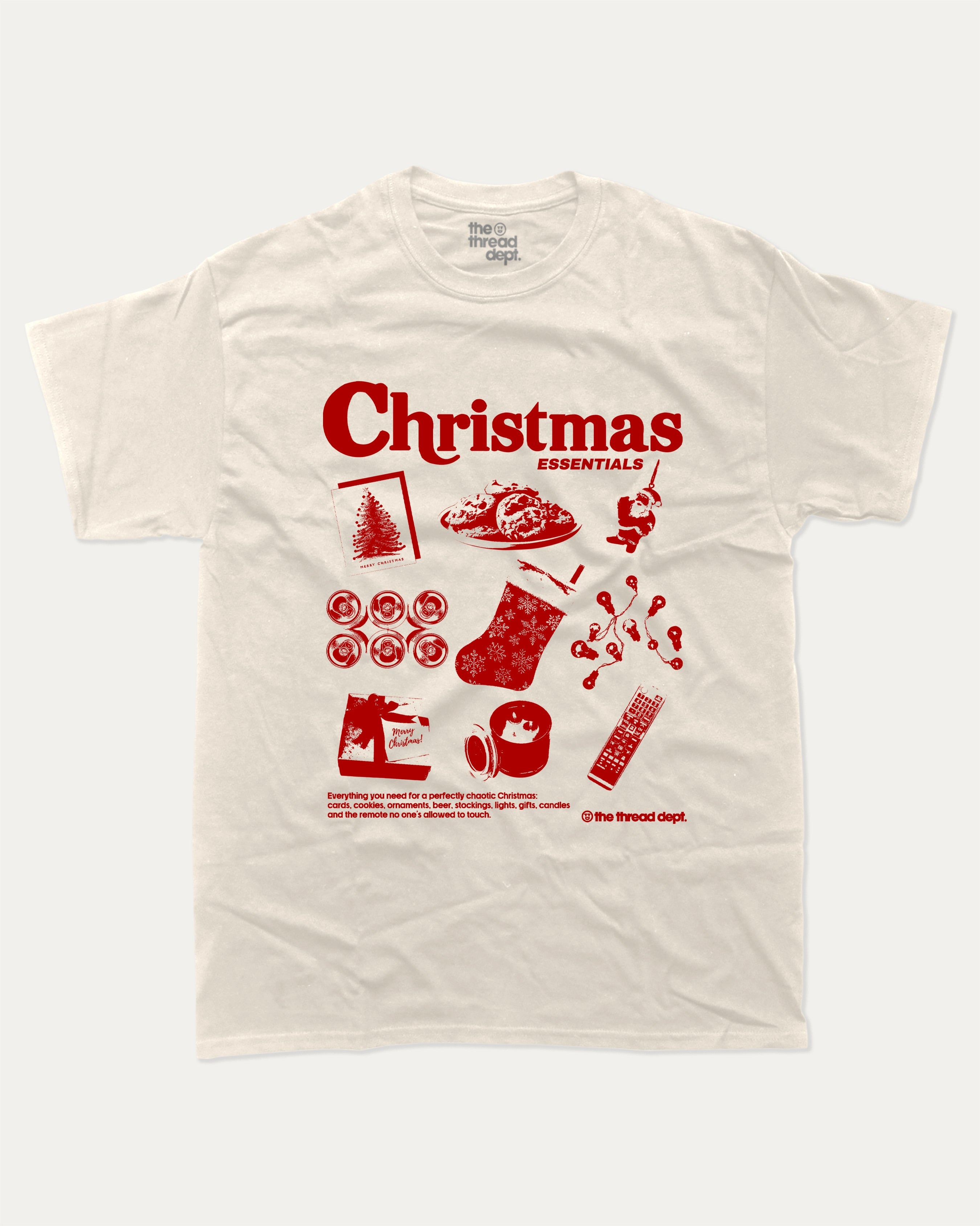 Christmas Essentials graphic tee with bold and humorous print, funny and trendy graphic. Perfect Gift for Christmas, X-mas Gift, X-mas T shirt, Perfect for adults and gift-giving. Cream shirt.
